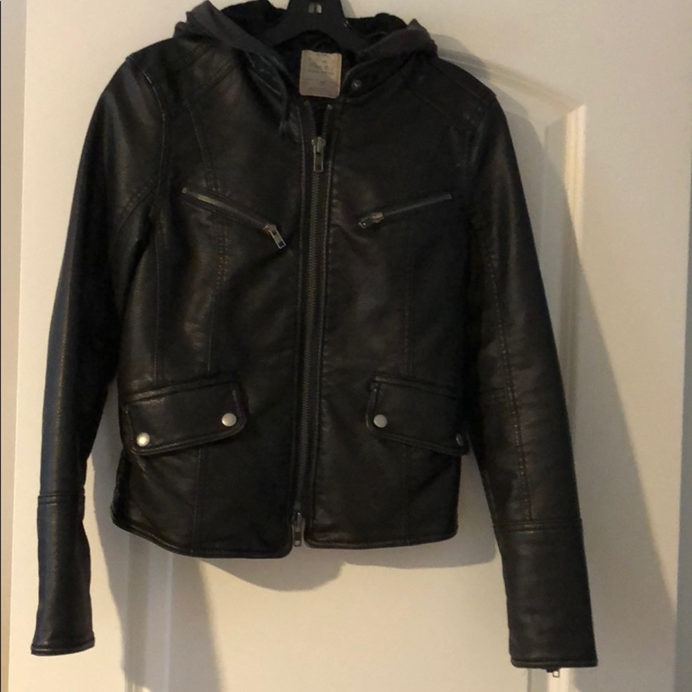 XS Black Free People Vegan Leather Jacket W/ Hood
